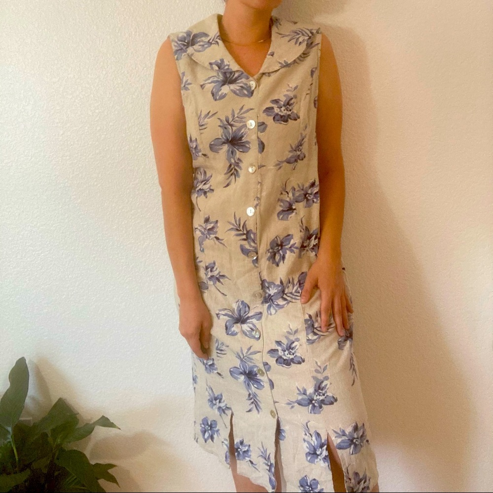 Vintage Button Down Linen Blend Floral Dress